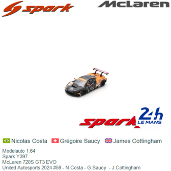 Modelauto 1:64 | Spark Y397 | McLaren 720S GT3 EVO | United Autosports 2024 #59 - N.Costa - G.Saucy  - J.Cottingham