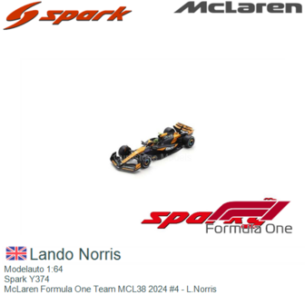 Modelauto 1:64 | Spark Y374 | McLaren Formula One Team MCL38 2024 #4 - L.Norris