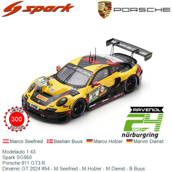 Modelauto 1:43 | Spark SG950 | Porsche 911 GT3 R | Dinamic GT 2024 #54 - M.Seefried - M.Holzer - M.Dienst - B.Buus