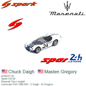 product1:43 | Spark S4726 | Maserati Tipo Longtail | Camoradi USA 1960 #24 - C.Daigh - M.Gregory