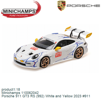 product1:18 | Minichamps 110062042 | Porsche 911 GT3 RS (992) White and Yellow 2023 #911