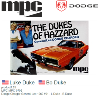 product1:25 | MPC MPC-0706 | Dodge Charger General Lee 1969 #01 - L.Duke - B.Duke