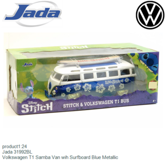 product1:24 | Jada 31992BL | Volkswagen T1 Samba Van wih Surfboard Blue Metallic