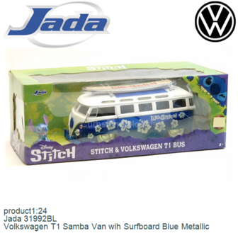 product1:24 | Jada 31992BL | Volkswagen T1 Samba Van wih Surfboard Blue Metallic