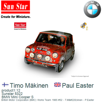 product1:12 | Sunstar 5322 | BMW Mini Cooper S | British Motor Corporation (BMC) Works Team 1965 #52 - T.M&amp;#228;kinen - P.E