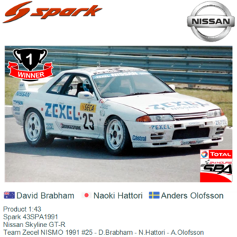 Product 1:43 | Spark 43SPA1991 | Nissan Skyline GT-R | Team Zecel NISMO 1991 #25 - D.Brabham - N.Hattori - A.Olofsson