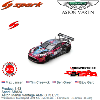 Product 1:43 | Spark SB824 | Aston Martin Vantage AMR GT3 EVO | Walkenhorst Motorsport 2024 #36 - M.Jansen  - T.Creswick  - B.G