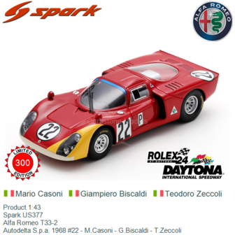 Product 1:43 | Spark US377 | Alfa Romeo T33-2 | Autodelta S.p.a. 1968 #22 - M.Casoni - G.Biscaldi - T.Zeccoli