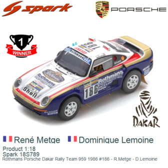 Product 1:18 | Spark 18S789 | Rothmans Porsche Dakar Rally Team 959 1986 #186 - R.Metge - D.Lemoine