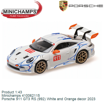 Product 1:43 | Minichamps 410062115 | Porsche 911 GT3 RS (992) White and Orange decor 2023