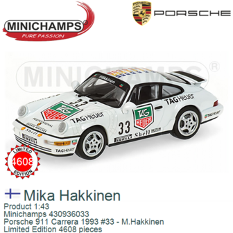 Product 1:43 | Minichamps 430936033 | Porsche 911 Carrera 1993 #33 - M.Hakkinen