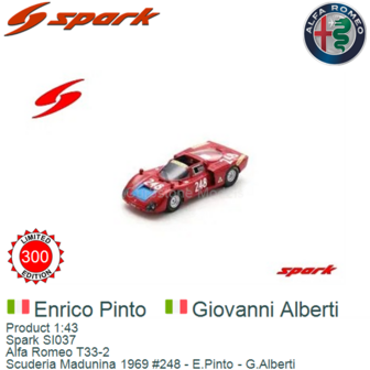 Product 1:43 | Spark SI037 | Alfa Romeo T33-2 | Scuderia Madunina 1969 #248 - E.Pinto - G.Alberti 