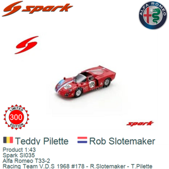 Product 1:43 | Spark SI035 | Alfa Romeo T33-2 | Racing Team V.D.S 1968 #178 - R.Slotemaker - T.Pilette