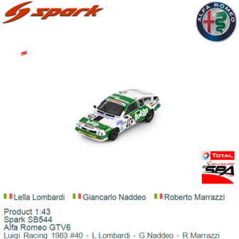 Product 1:43 | Spark SB544 | Alfa Romeo GTV6 | Luigi Racing 1983 #40 - L.Lombardi - G.Naddeo - R.Marrazzi 