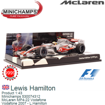 Product 1:43 | Minichamps 530074312 | McLaren MP4-22 Vodafone | Vodafone 2007 - L.Hamilton