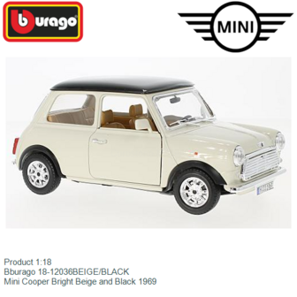 Product 1:18 | Bburago 18-12036BEIGE/BLACK | Mini Cooper Bright Beige and Black 1969