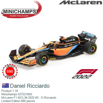 Product 1:18 | Minichamps 537221803 | McLaren F1 MCL36 2022 #3 - D.Ricciardo