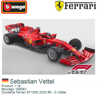 Product 1:18 | Bburago 16808V | Scuderia Ferrari SF1000 2020 #5 - S.Vettel