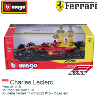 Product 1:18 | Bburago 18-16811LM | Scuderia Ferrari F1-75 2022 #16 - C.Leclerc