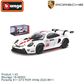 Product 1:43 | Bburago 18-38302 | Porsche 911 GT3 RSR White 2020 #911