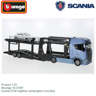 Product 1:43 | Bburago 18-31467 | Scania S730 Highline Lamborghini Urus Blue
