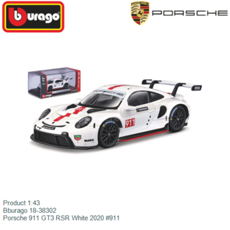 Product 1:43 | Bburago 18-38302 | Porsche 911 GT3 RSR White 2020 #911