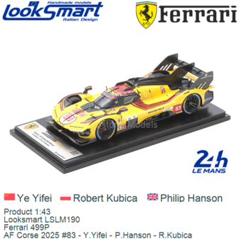 Product 1:43 | Looksmart LSLM190 | Ferrari 499P | AF Corse 2025 #83 - Y.Yifei - P.Hanson - R.Kubica