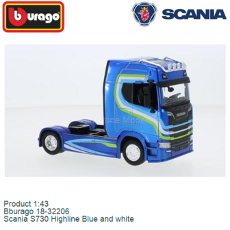 Product 1:43 | Bburago 18-32206 | Scania S730 Highline Blue and white