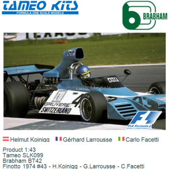 Product 1:43 | Tameo SLK099 | Brabham BT42 | Finotto 1974 #43 - H.Koinigg - G.Larrousse - C.Facetti