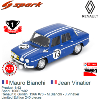 Product 1:43 | Spark 100SPA02 | Renault 8 Gordini 1966 #73 - M.Bianchi - J.Vinatier