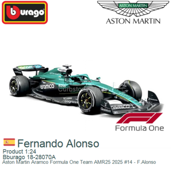 Product 1:24 | Bburago 18-28070A | Aston Martin Aramco Formula One Team AMR25 2025 #14 - F.Alonso
