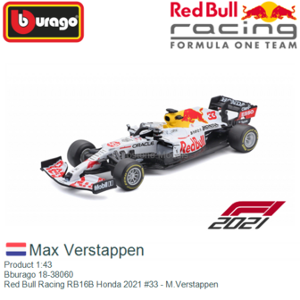 Product 1:43 | Bburago 18-38060 | Red Bull Racing RB16B Honda 2021 #33 - M.Verstappen