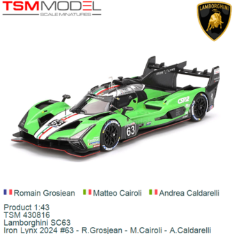 Product 1:43 | TSM 430816 | Lamborghini SC63 | Iron Lynx 2024 #63 - R.Grosjean - M.Cairoli - A.Caldarelli
