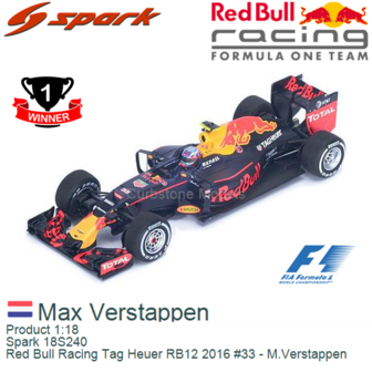 Product 1:18 | Spark 18S240 | Red Bull Racing Tag Heuer RB12 2016 #33 - M.Verstappen