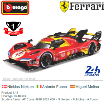 Product 1:18 | Bburago 18-16303 | Scudera Ferrari AF Corse 499P 2024 #50 - N.Nielsen - M.Molina - A.Fuoco
