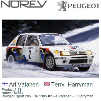 Product 1:18 | Norev 184864 | Peugeot Sport 205 T16 1985 #2 - A.Vatanen - T.Harryman