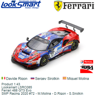 Product 1:43 | Looksmart LSRC085 | Ferrari 488 GT3 Evo | SMP Racing 2020 #72 - M.Molina - D.Rigon - S.Sirotkin