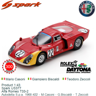 Product 1:43 | Spark US377 | Alfa Romeo T33-2 | Autodelta S.p.a. 1968 #22 - M.Casoni - G.Biscaldi - T.Zeccoli