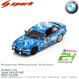 Product 1:43 | Spark 43NUR1997 | BMW M3 E36 | Scuderia Augustusburg Br&uuml;hl e. V. im ADAC 1997 #28 - J.Scheid - S.Reck Schmi