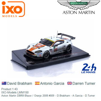 Product 1:43 | IXO-Models LMM150 | Aston Martin DBR9 Blauw / Oranje 2008 #009 - D.Brabham - A.Garcia - D.Turner