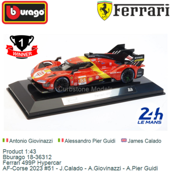Product 1:43 | Bburago 18-36312 | Ferrari 499P Hypercar | AF-Corse 2023 #51 - J.Calado - A.Giovinazzi - A.Pier Guidi