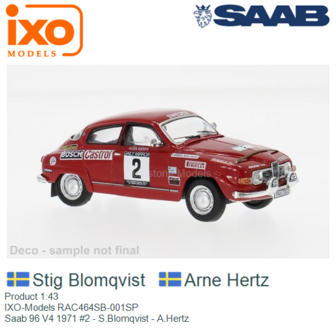 Product 1:43 | IXO-Models RAC464SB-001SP | Saab 96 V4 1971 #2 - S.Blomqvist - A.Hertz