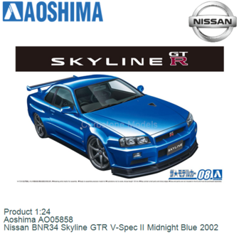 Product 1:24 | Aoshima AO05858 | Nissan BNR34 Skyline GTR V-Spec II Midnight Blue 2002