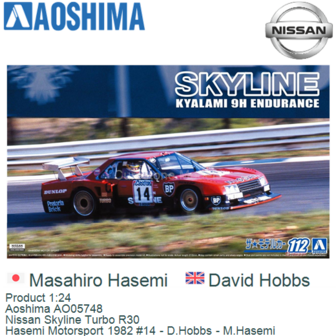 Product 1:24 | Aoshima AO05748 | Nissan Skyline Turbo R30 | Hasemi Motorsport 1982 #14 - D.Hobbs - M.Hasemi