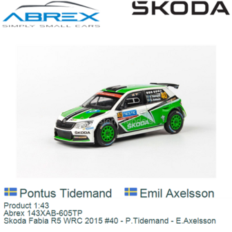 Product 1:43 | Abrex 143XAB-605TP | Skoda Fabia R5 WRC 2015 #40 - P.Tidemand - E.Axelsson
