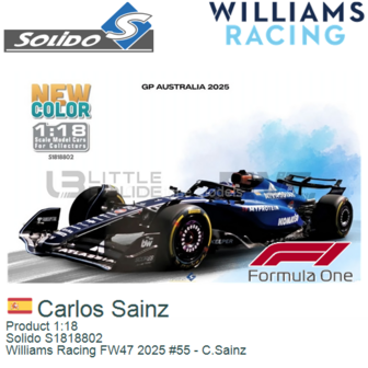 Product 1:18 | Solido S1818802 | Williams Racing FW47 2025 #55 - C.Sainz