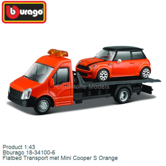 Product 1:43 | Bburago 18-34100-6 | Flatbed Transport met Mini Cooper S Orange