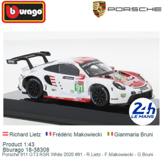 Product 1:43 | Bburago 18-38308 | Porsche 911 GT3 RSR White 2020 #91 - R.Lietz - F.Makowiecki - G.Bruni