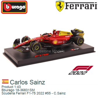 Product 1:43 | Bburago 18-36831SM | Scuderia Ferrari F1-75 2022 #55 - C.Sainz