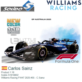 Product 1:18 | Solido S1818802 | Williams Racing FW47 2025 #55 - C.Sainz